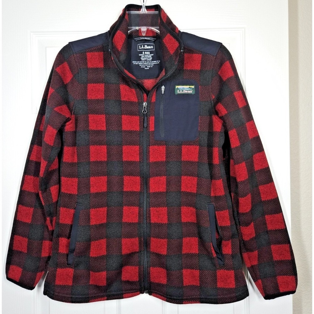 LL Bean Sweater Fleece Full Zip Jacket Red Black Buffalo Plaid Womens S Outdoor